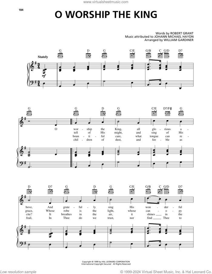 O Worship The King sheet music for voice, piano or guitar by Johann Michael Haydn and Robert Grant, intermediate skill level