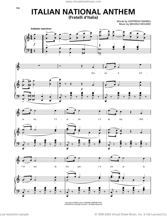 Italian National Anthem (Fratelli d'Italia) sheet music for voice, piano or guitar by Michele Novaro and Goffredo Mameli, classical score, intermediate skill level