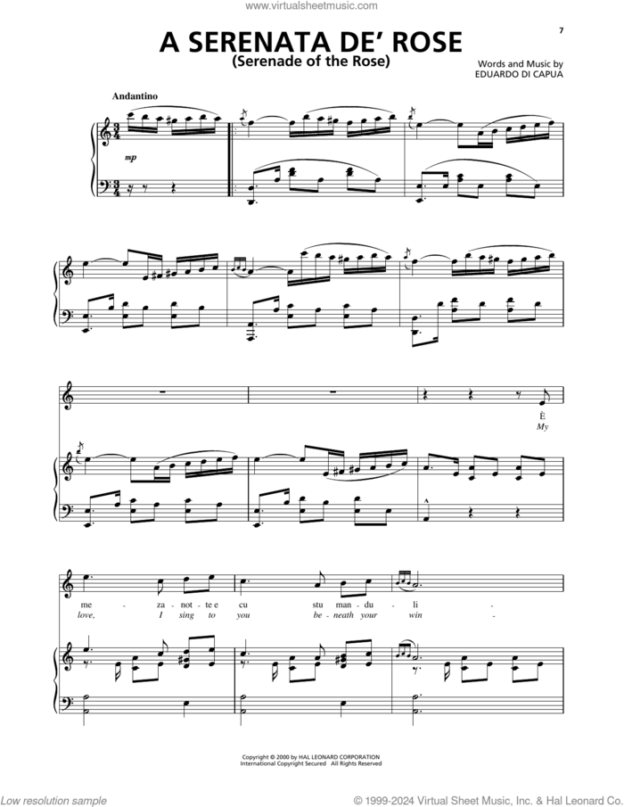 A Serenata De' Rose (Serenade Of The Rose) sheet music for voice, piano or guitar by Eduardo di Capua, classical score, intermediate skill level