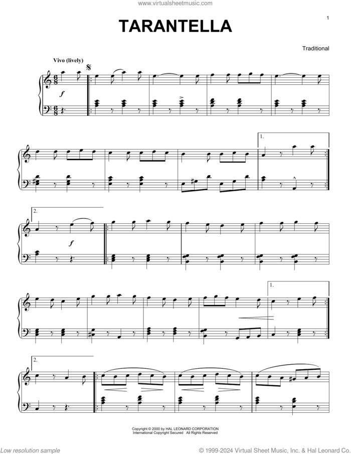 Tarantella sheet music for piano solo, classical score, intermediate skill level