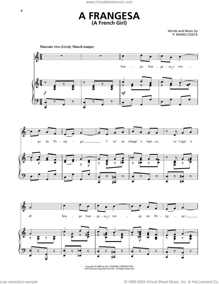 A Frangesa (A French Girl) sheet music for voice, piano or guitar by P. Mario Costa, classical score, intermediate skill level
