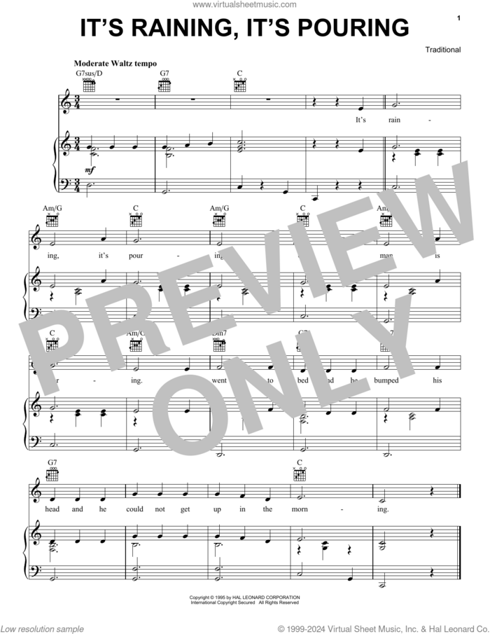 It's Raining, It's Pouring sheet music for voice, piano or guitar, classical score, intermediate skill level