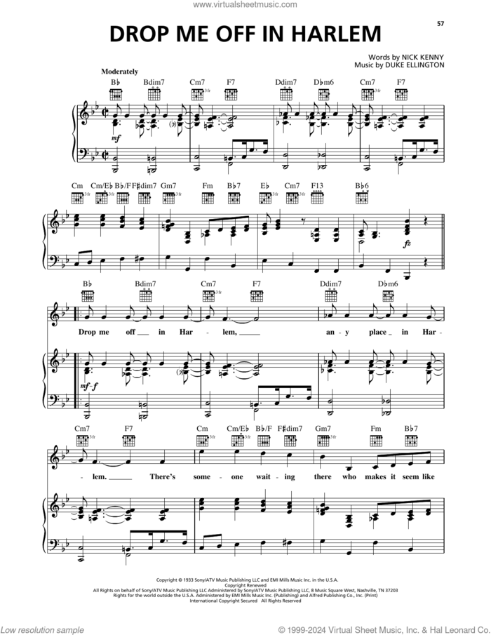 Drop Me Off In Harlem sheet music for voice, piano or guitar by Duke Ellington and Nick Kenny, intermediate skill level
