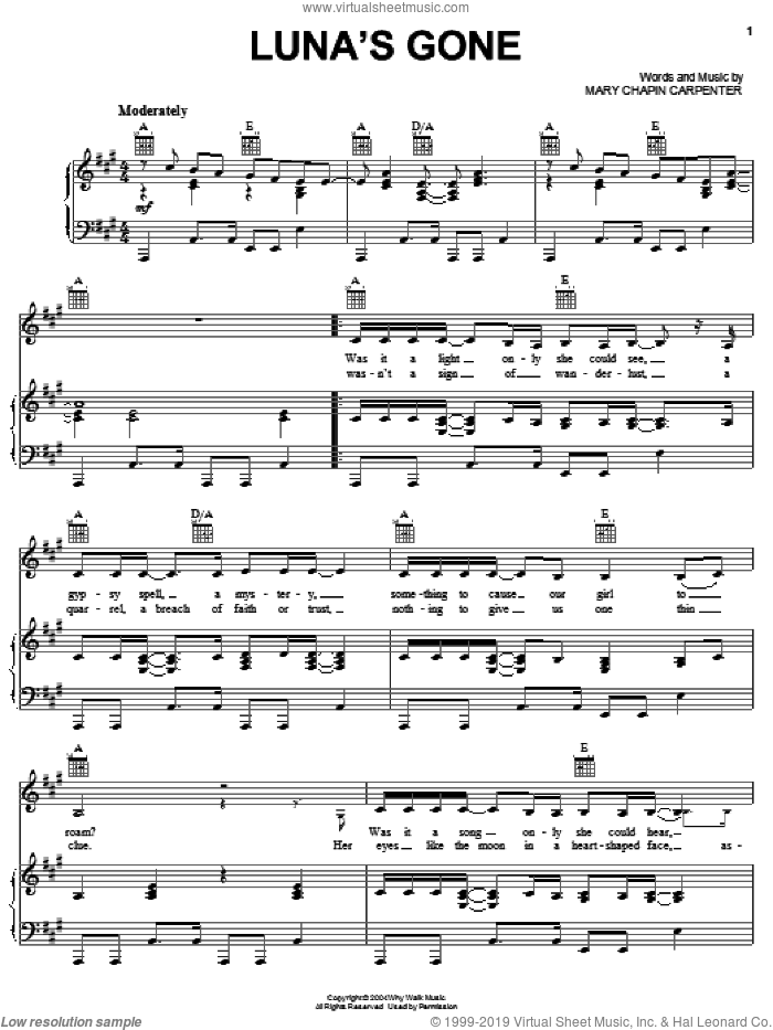 Luna's Gone sheet music for voice, piano or guitar by Mary Chapin Carpenter, intermediate skill level