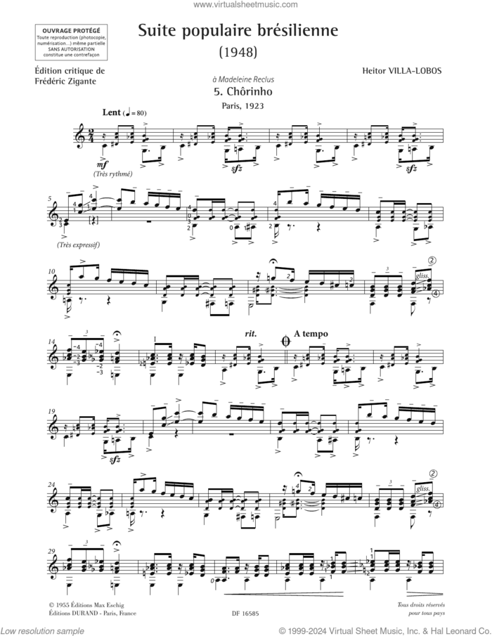 Chorinho sheet music for guitar solo by Heitor Villa-Lobos, classical score, intermediate skill level