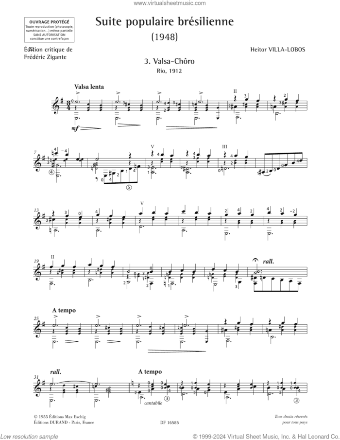 Valsa-Choro sheet music for guitar solo by Heitor Villa-Lobos, classical score, intermediate skill level