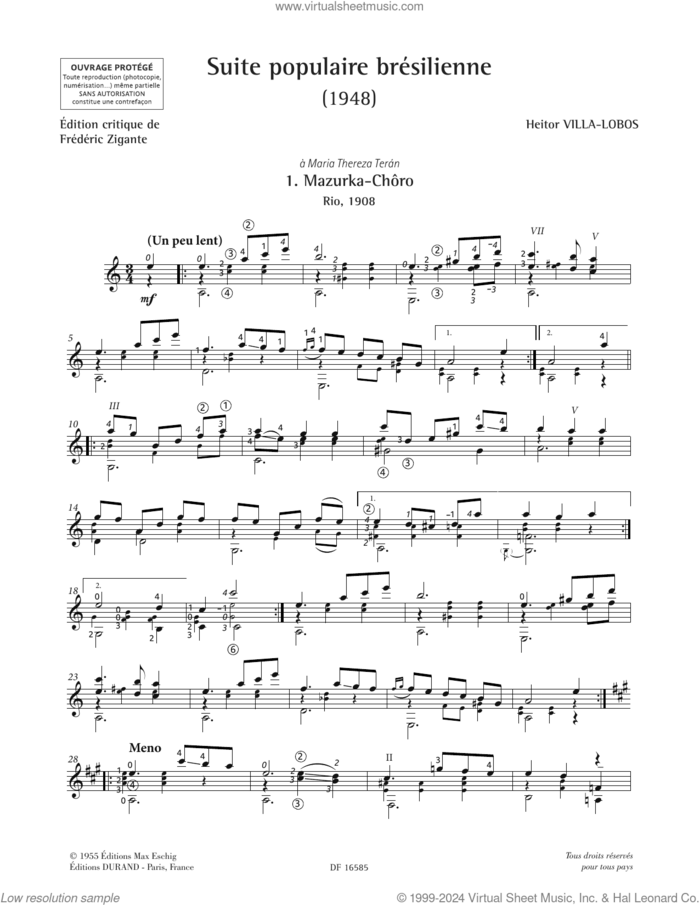 Mazurka-Choro sheet music for guitar solo by Heitor Villa-Lobos, classical score, intermediate skill level