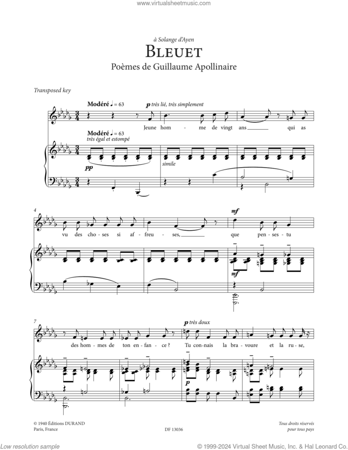Bleuet (Low Voice) sheet music for voice and piano (Low Voice) by Francis Poulenc and Guillaume Apollinaire, classical score, intermediate skill level