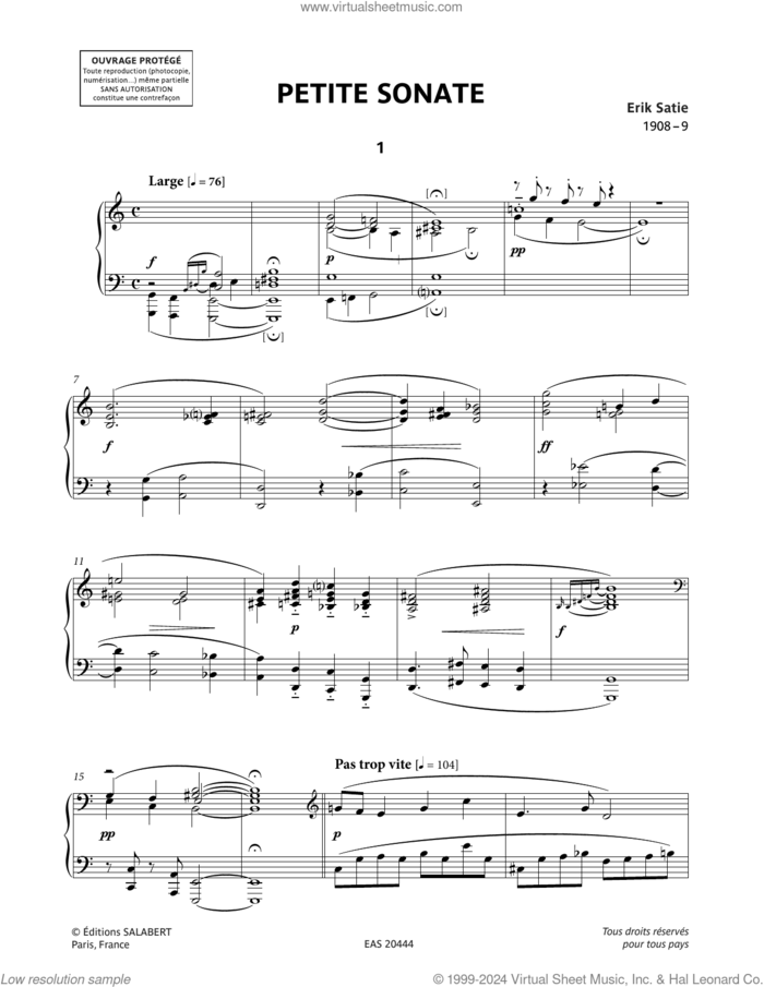 Petite Sonate sheet music for piano solo by Erik Satie, classical score, intermediate skill level