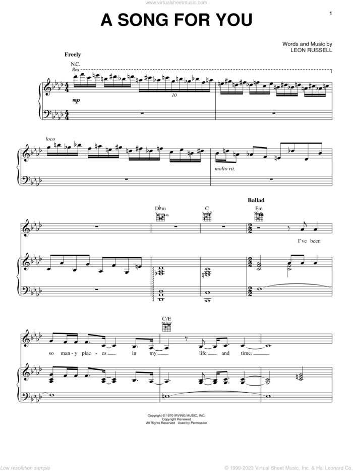 A Song For You sheet music for voice, piano or guitar by Whitney Houston and Leon Russell, intermediate skill level