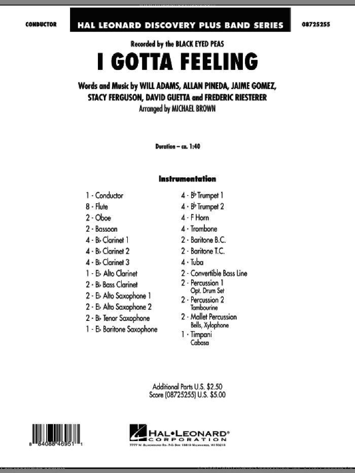 I Gotta Feeling (COMPLETE) sheet music for concert band by Will Adams, Allan Pineda, David Guetta, Frederic Riesterer, Jaime Gomez, Stacy Ferguson, Black Eyed Peas and Michael Brown, intermediate skill level
