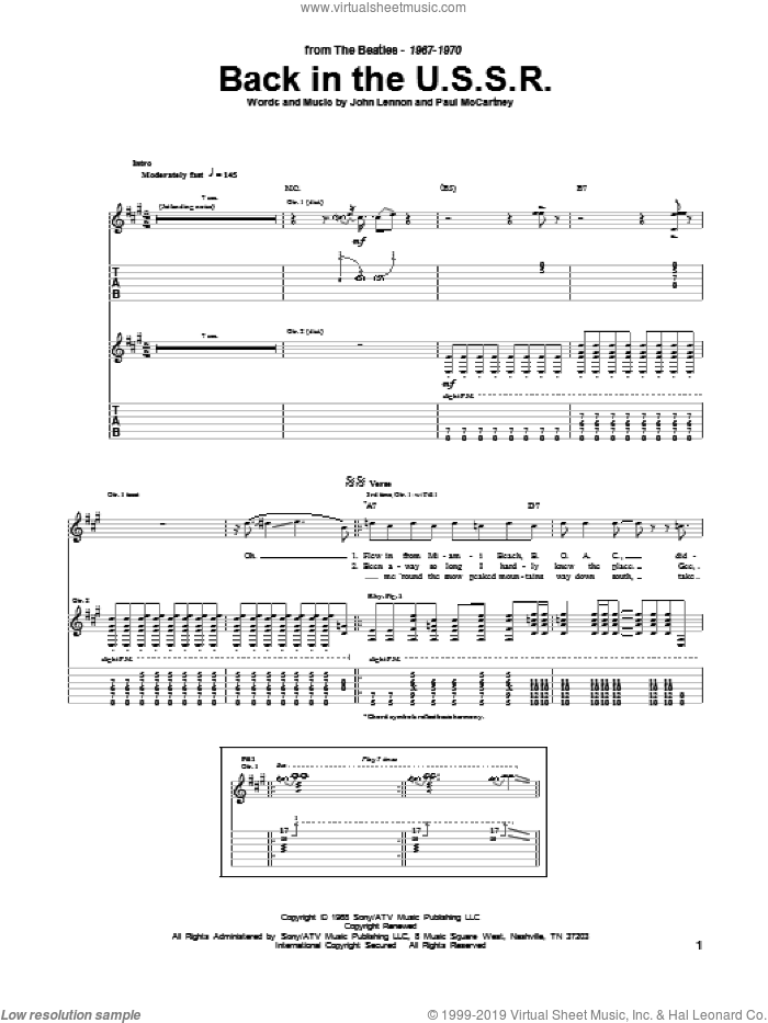 Back In The U.S.S.R. sheet music for guitar (tablature) by The Beatles, John Lennon and Paul McCartney, intermediate skill level
