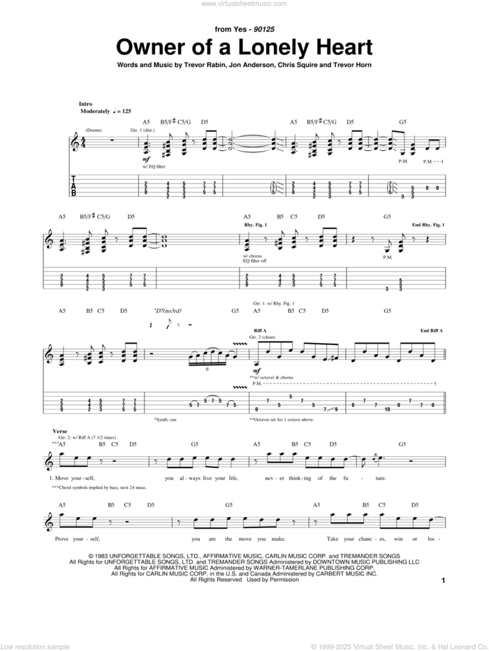 Owner Of A Lonely Heart sheet music for guitar (tablature) by Yes, Chris Squire, Jon Anderson, Trevor Horn and Trevor Rabin, intermediate skill level