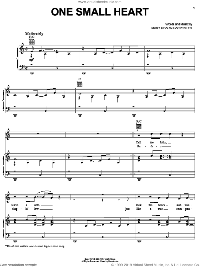 One Small Heart sheet music for voice, piano or guitar by Mary Chapin Carpenter, intermediate skill level