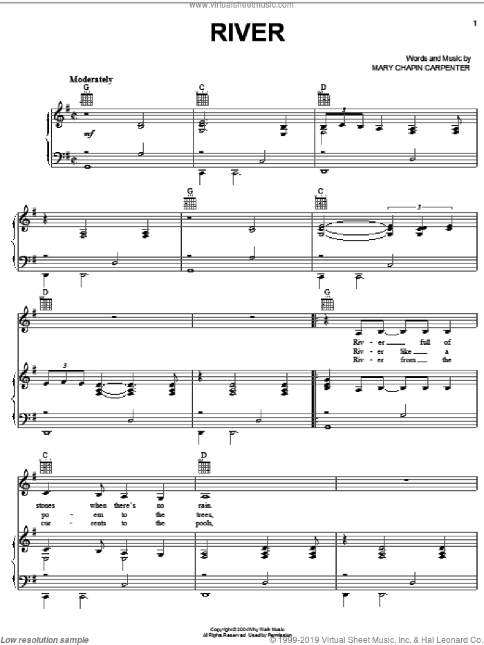 River sheet music for voice, piano or guitar by Mary Chapin Carpenter, intermediate skill level