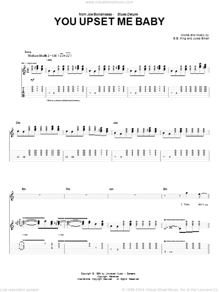 You Upset Me Baby sheet music for guitar (tablature) by B.B. King, Joe Bonamassa and Jules Bihari, intermediate skill level