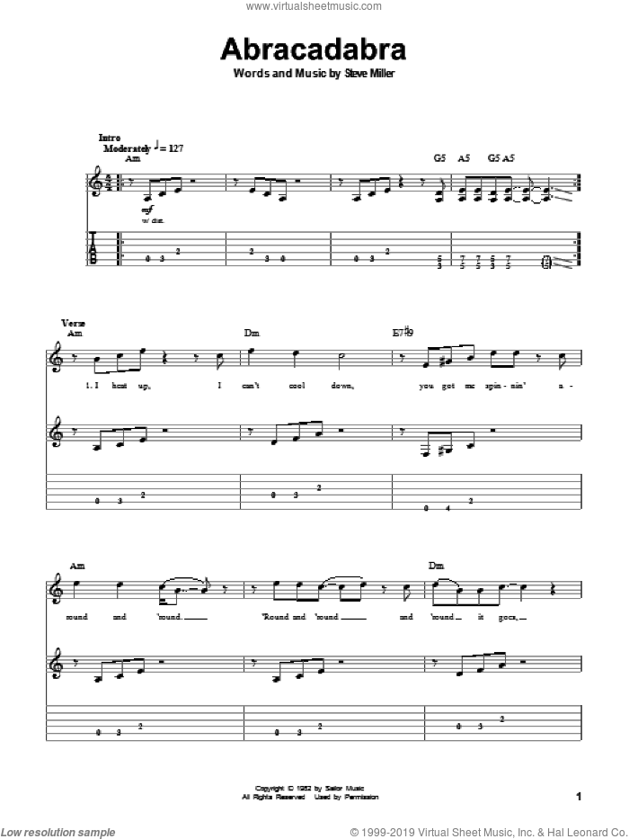 Abracadabra sheet music for guitar (tablature, play-along) by Steve Miller Band and Steve Miller, intermediate skill level