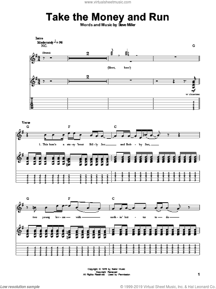 Take The Money And Run sheet music for guitar (tablature, play-along) by Steve Miller Band and Steve Miller, intermediate skill level