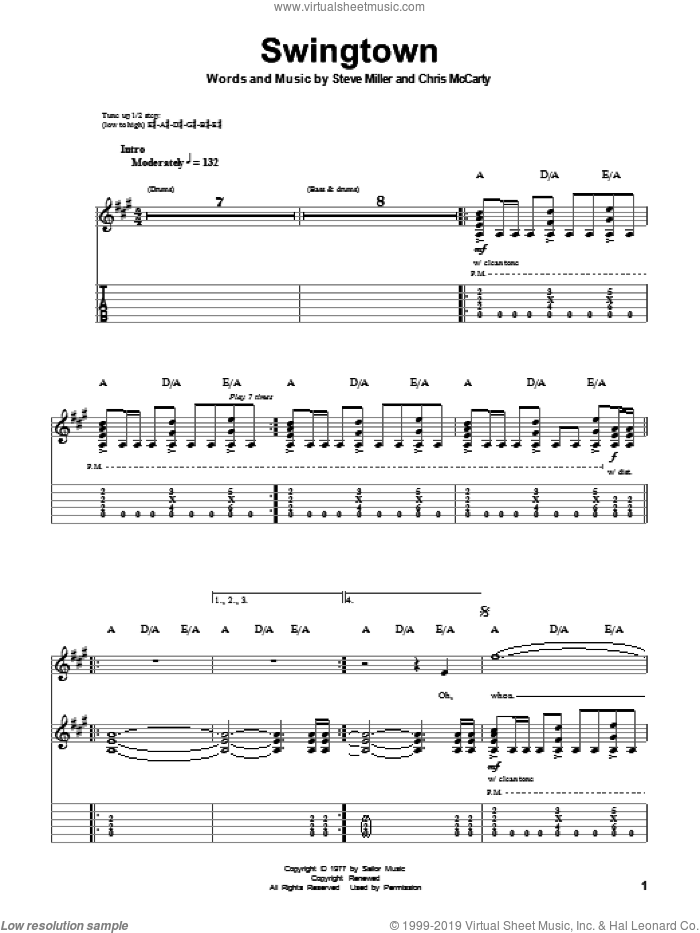 Swingtown sheet music for guitar (tablature, play-along) by Steve Miller Band, Chris McCarty and Steve Miller, intermediate skill level