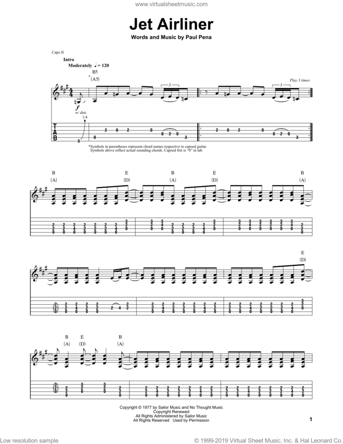 Jet Airliner sheet music for guitar (tablature, play-along) by Steve Miller Band and Paul Pena, intermediate skill level