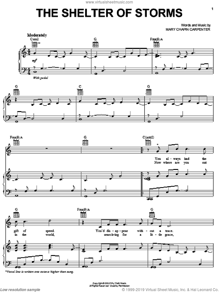 The Shelter Of Storms sheet music for voice, piano or guitar by Mary Chapin Carpenter, intermediate skill level