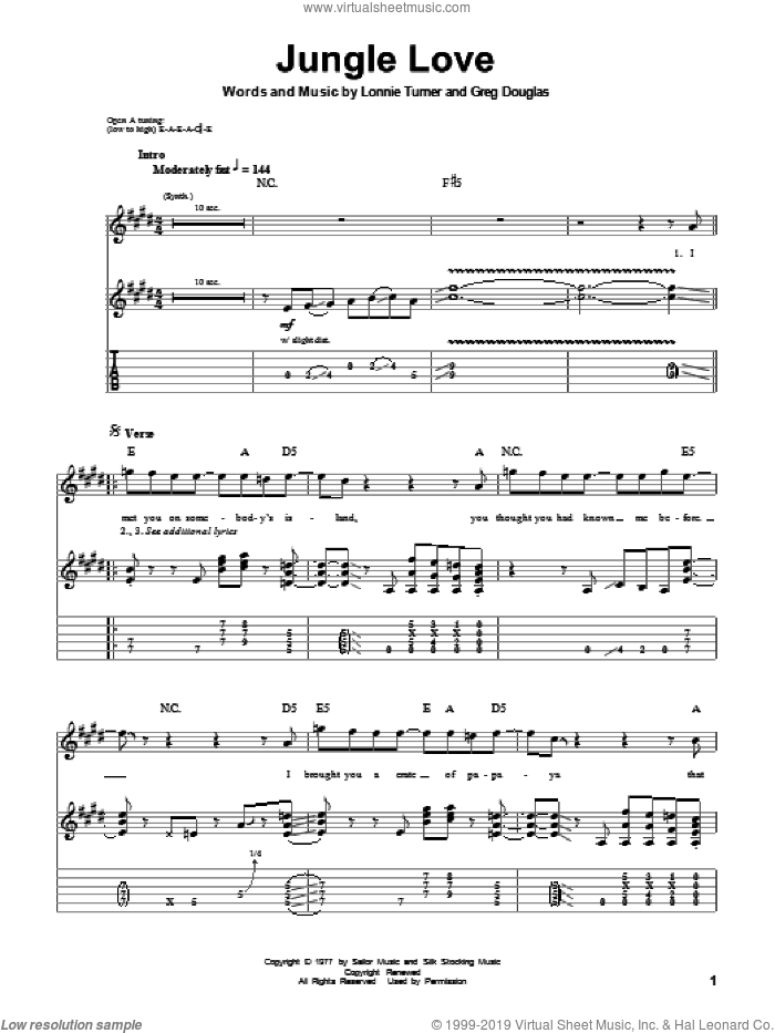 Jungle Love sheet music for guitar (tablature, play-along) by Steve Miller Band, Greg Douglas and Lonnie Turner, intermediate skill level