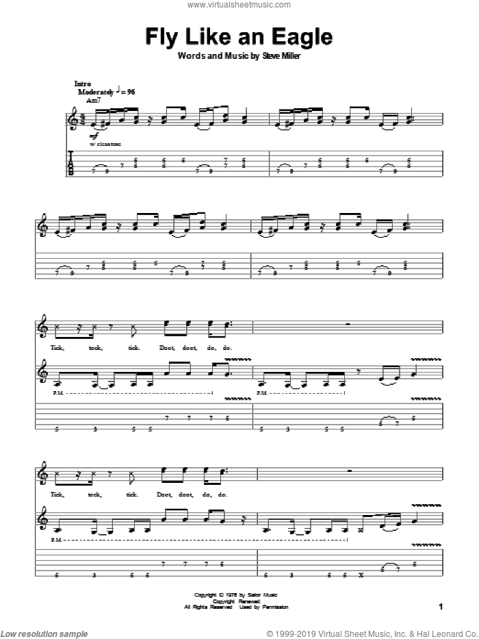 Fly Like An Eagle sheet music for guitar (tablature, play-along) by Steve Miller Band and Steve Miller, intermediate skill level