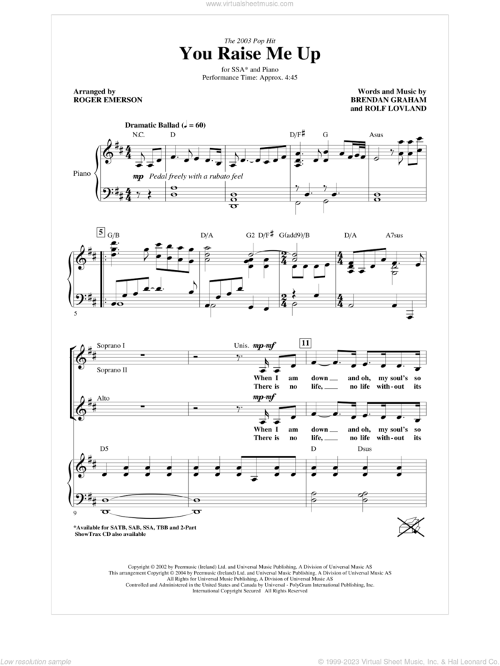 You Raise Me Up (arr. Roger Emerson) sheet music for choir (SSA: soprano, alto) by Brendan Graham, Rolf Lovland, Josh Groban and Roger Emerson, intermediate skill level