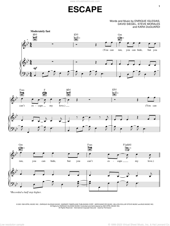 Escape sheet music for voice, piano or guitar by Enrique Iglesias, Kara DioGuardi and David Siegel, intermediate skill level