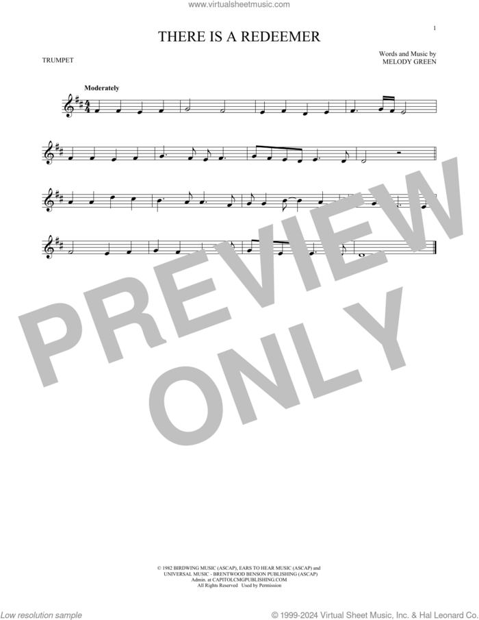 There Is A Redeemer sheet music for trumpet solo by Keith Green and Melody Green, intermediate skill level