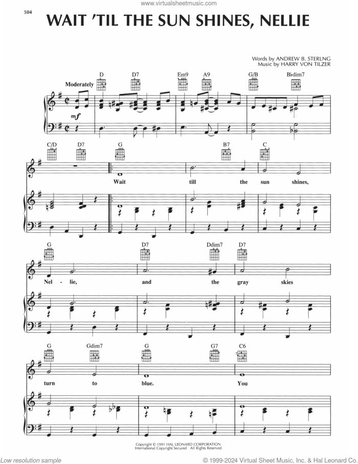 Wait 'Til The Sun Shines, Nellie sheet music for voice, piano or guitar by Harry von Tilzer and Andrew B. Sterling, classical score, intermediate skill level
