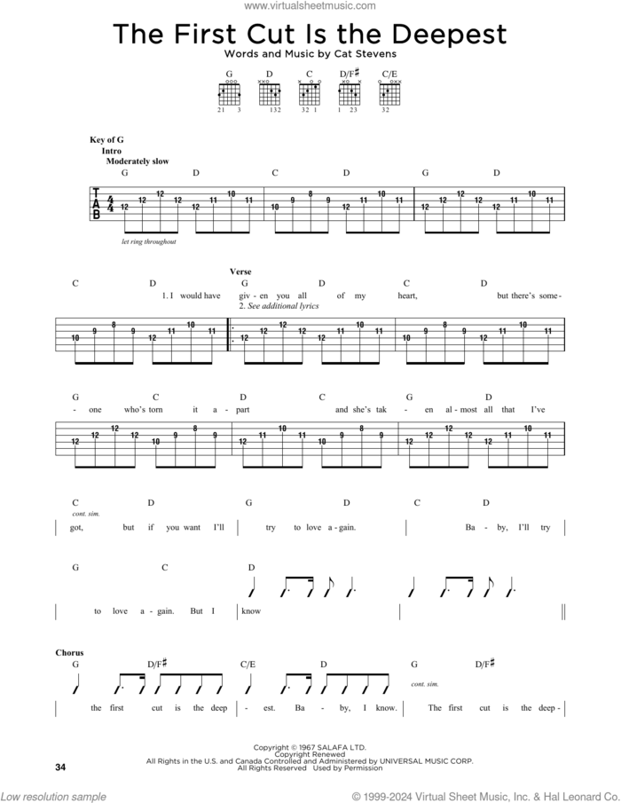 The First Cut Is The Deepest sheet music for guitar solo (lead sheet) by Cat Stevens, Rod Stewart and Sheryl Crow, intermediate guitar (lead sheet)