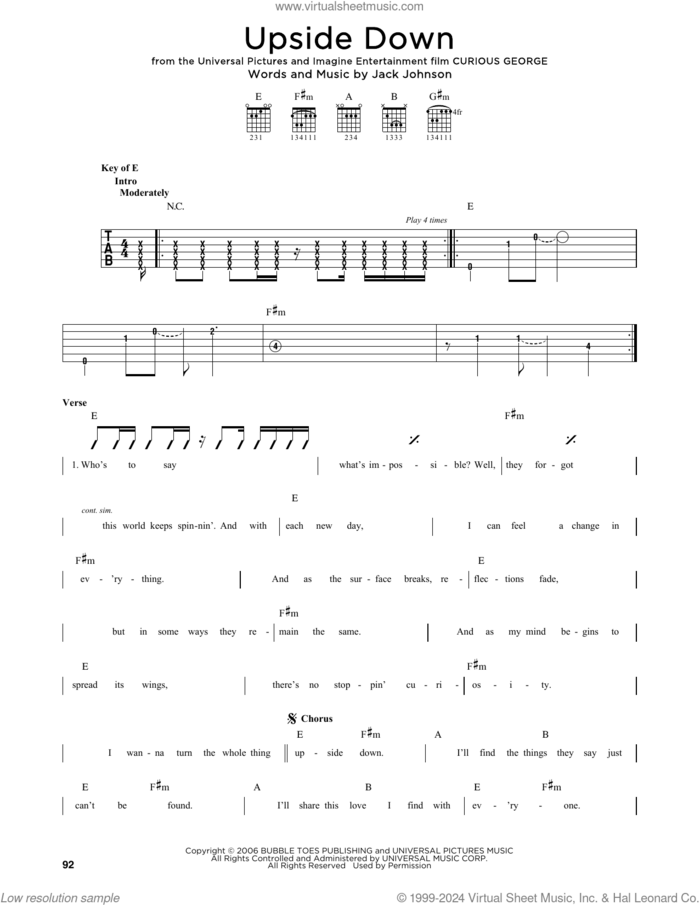 Upside Down sheet music for guitar solo (lead sheet) by Jack Johnson, intermediate guitar (lead sheet)