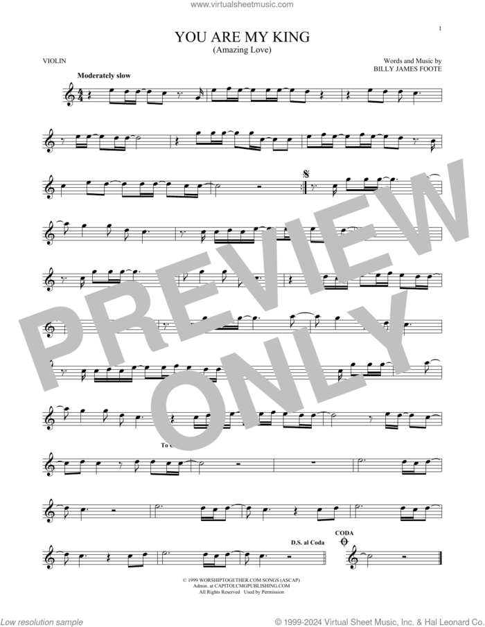 You Are My King (Amazing Love) sheet music for violin solo by Newsboys, Passion and Billy Foote, intermediate skill level