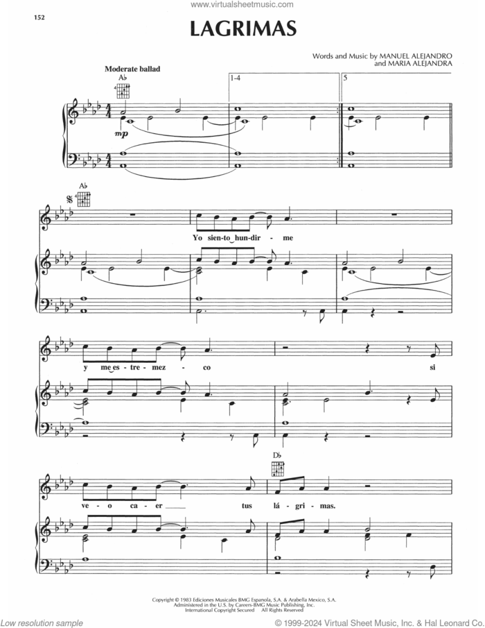 Lagrimas sheet music for voice, piano or guitar by Manuel Alejandro and Maria Alejandra, intermediate skill level