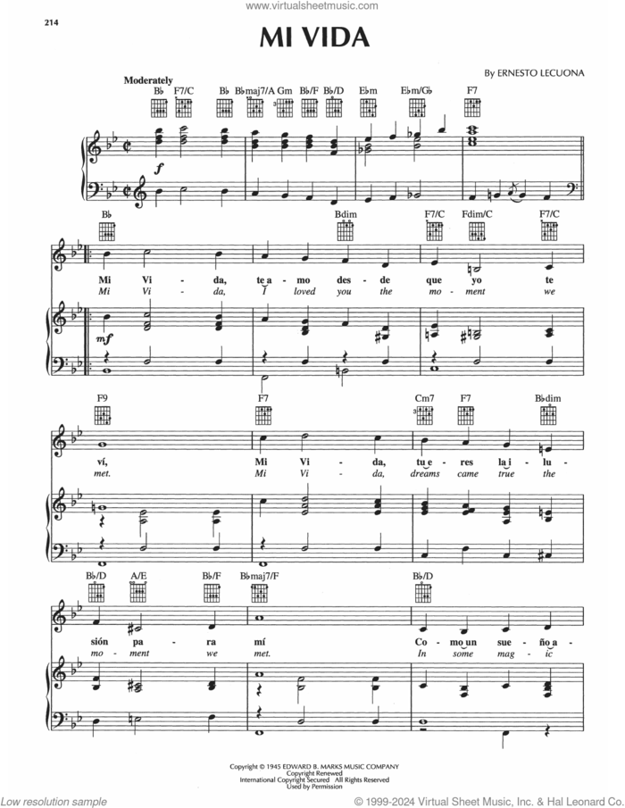 Mi Vida sheet music for voice, piano or guitar by Ernesto Lecuona, intermediate skill level