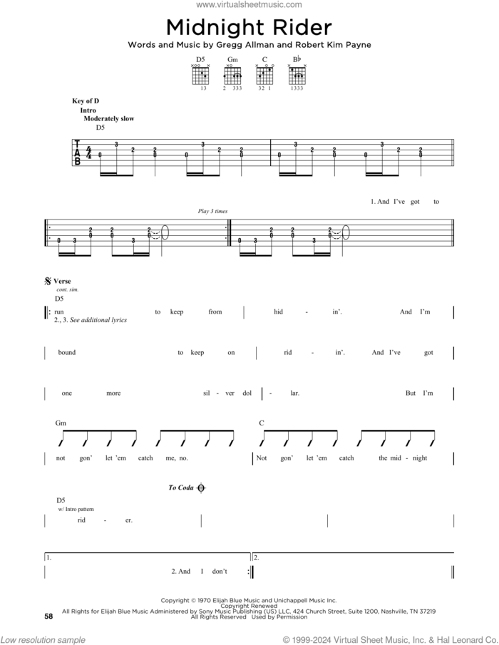Midnight Rider sheet music for guitar solo (lead sheet) by The Allman Brothers Band, Gregg Allman and Robert Kim Payne, intermediate guitar (lead sheet)