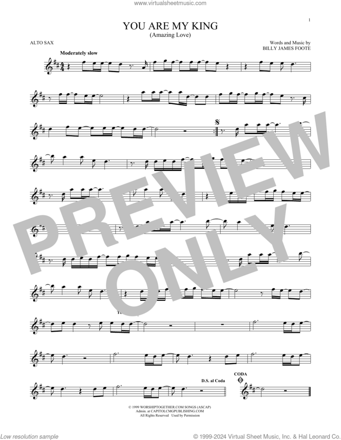 You Are My King (Amazing Love) sheet music for alto saxophone solo by Newsboys, Passion and Billy Foote, intermediate skill level