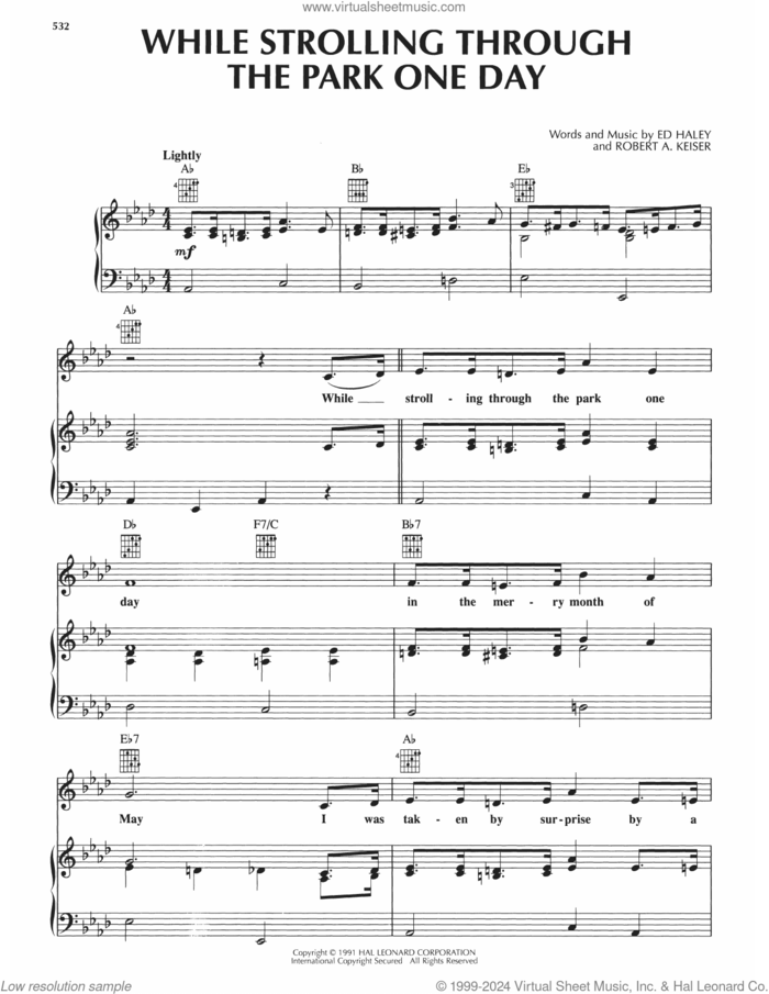 While Strolling Through The Park One Day sheet music for voice, piano or guitar by Ed Haley and Robert A. Keiser, classical score, intermediate skill level