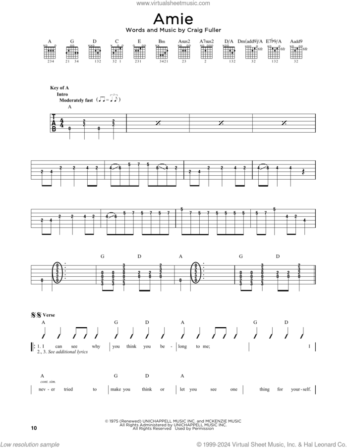 Amie sheet music for guitar solo (lead sheet) by Pure Prairie League and Craig Fuller, intermediate guitar (lead sheet)