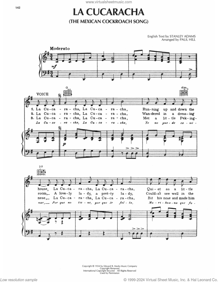 La Cucaracha sheet music for voice, piano or guitar, classical score, intermediate skill level