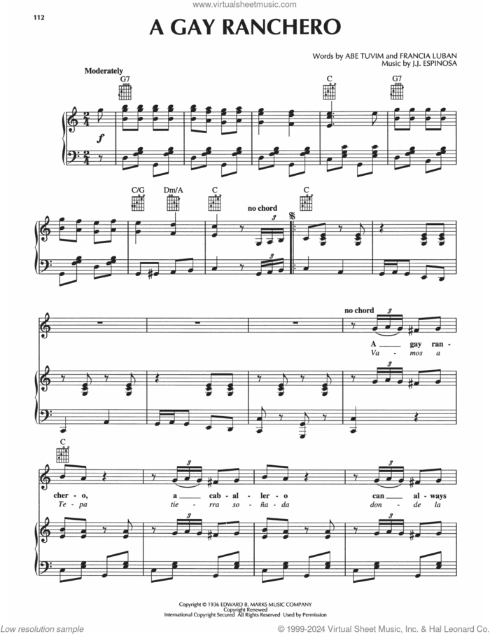 A Gay Ranchero sheet music for voice, piano or guitar by Abe Tuvim, Francia Luban and J.J. Espinosa, intermediate skill level
