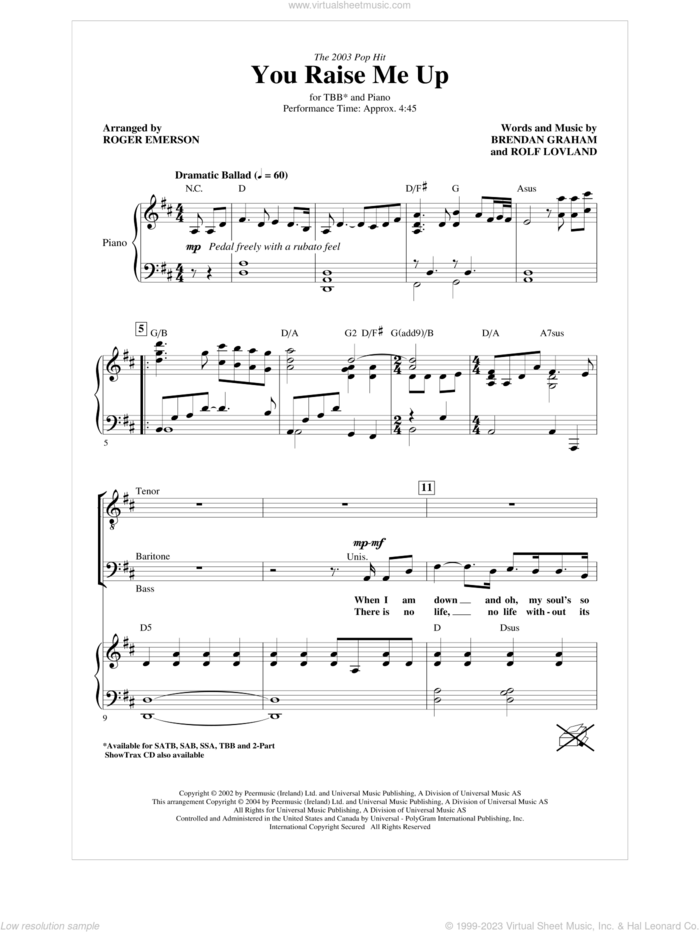 You Raise Me Up (arr. Roger Emerson) sheet music for choir (TBB: tenor, bass) by Brendan Graham, Rolf Lovland, Josh Groban and Roger Emerson, wedding score, intermediate skill level
