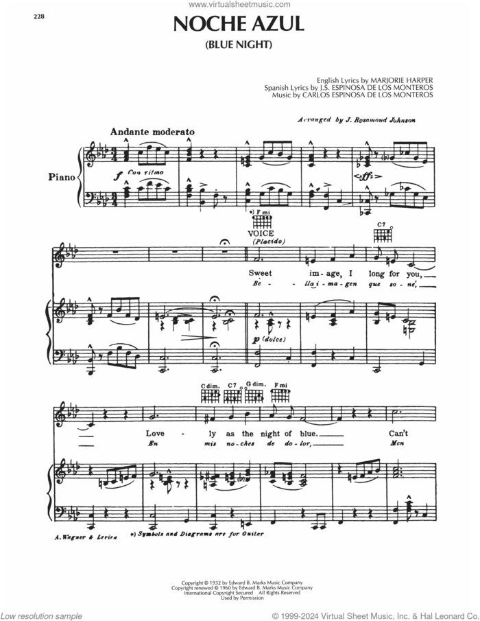Noche Azul (Blue Night) sheet music for voice, piano or guitar by Ernesto Lecuona, intermediate skill level