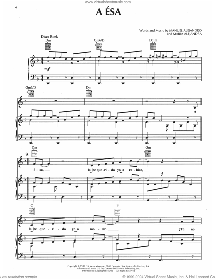 A Esa sheet music for voice, piano or guitar by Manuel Alejandro and Maria Alejandra, intermediate skill level