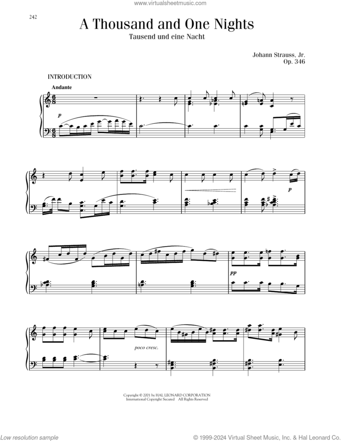 A Thousand And One Nights, Op. 346 sheet music for piano solo by Johann Strauss, classical score, intermediate skill level