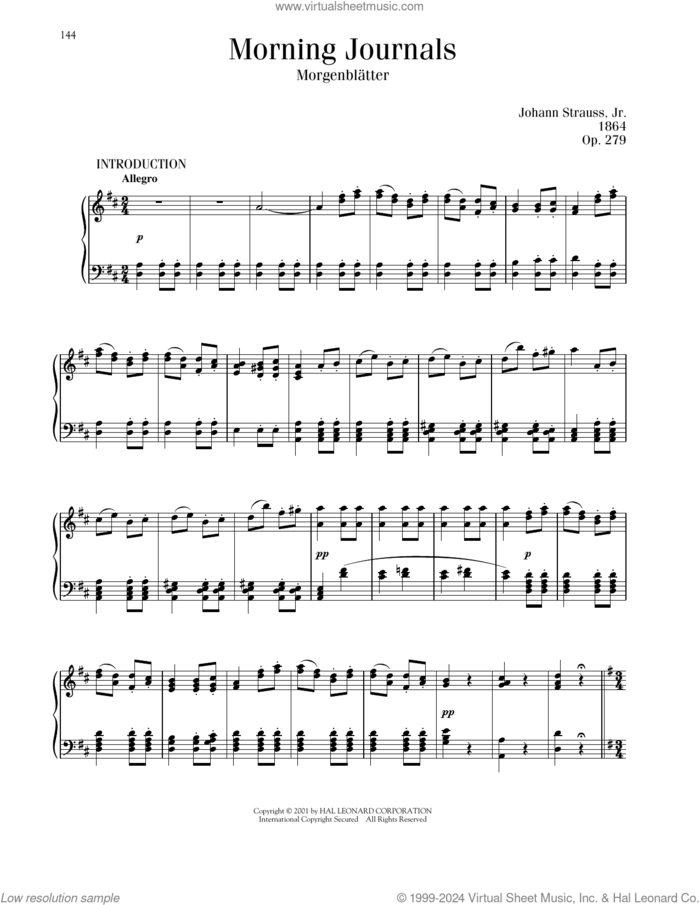 Morning Journals, Op. 279 sheet music for piano solo by Johann Strauss, classical score, intermediate skill level