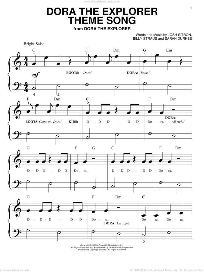 Dora The Explorer Theme Song sheet music for piano solo (big note book) by Josh Sitron, Billy Straus and Sarah Durkee, easy piano (big note book)