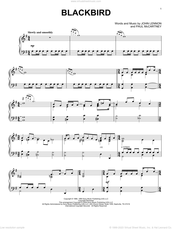 Blackbird, (intermediate) sheet music for piano solo by The Beatles, John Lennon and Paul McCartney, intermediate skill level