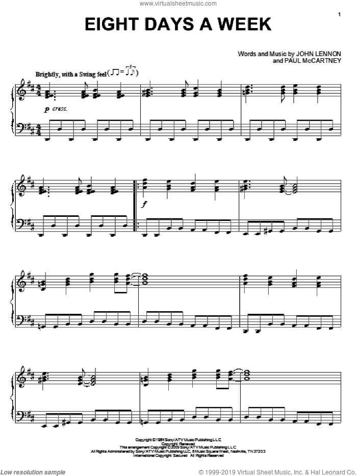 Eight Days A Week, (intermediate) sheet music for piano solo by The Beatles, John Lennon and Paul McCartney, intermediate skill level